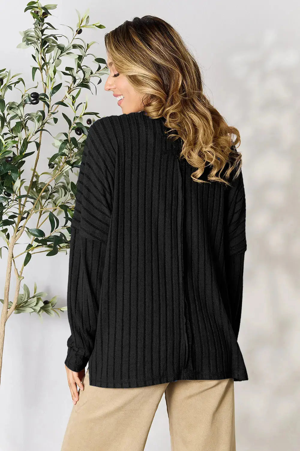 Basic Bae Full Size Ribbed Round Neck Slit Knit Top - Love Salve